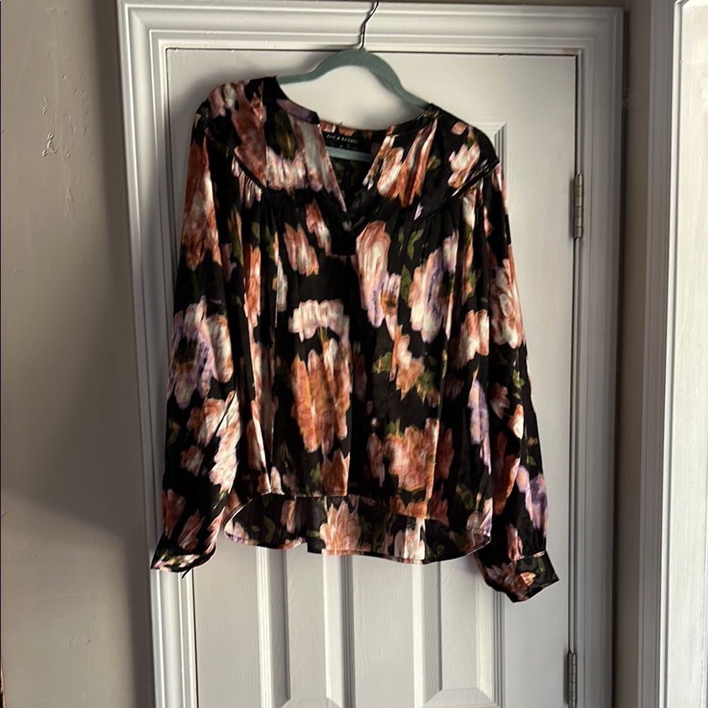 Zac & Rachel Graphic Black and Pink Blouse with Notched Collar